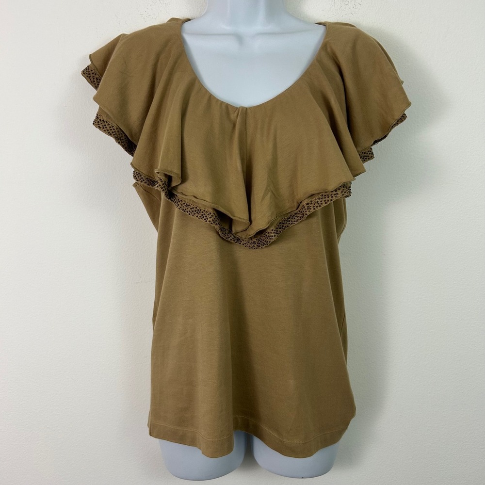 Ralph Lauren Black Label Womens Tan Ruffle Neck Beaded Trim Sleeveless Top Large